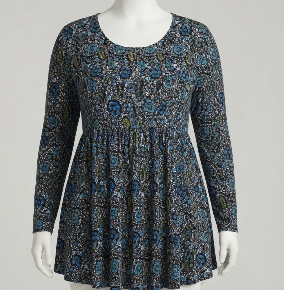 Tencede Women 3XL Blue Floral Long Sleeve Tunic Top Babydoll Empire Waist Scoop